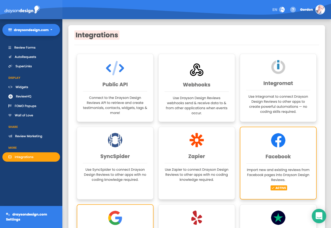 Integrations — Drayson Design Reviews Dashboard Drayson Design Reviews 2